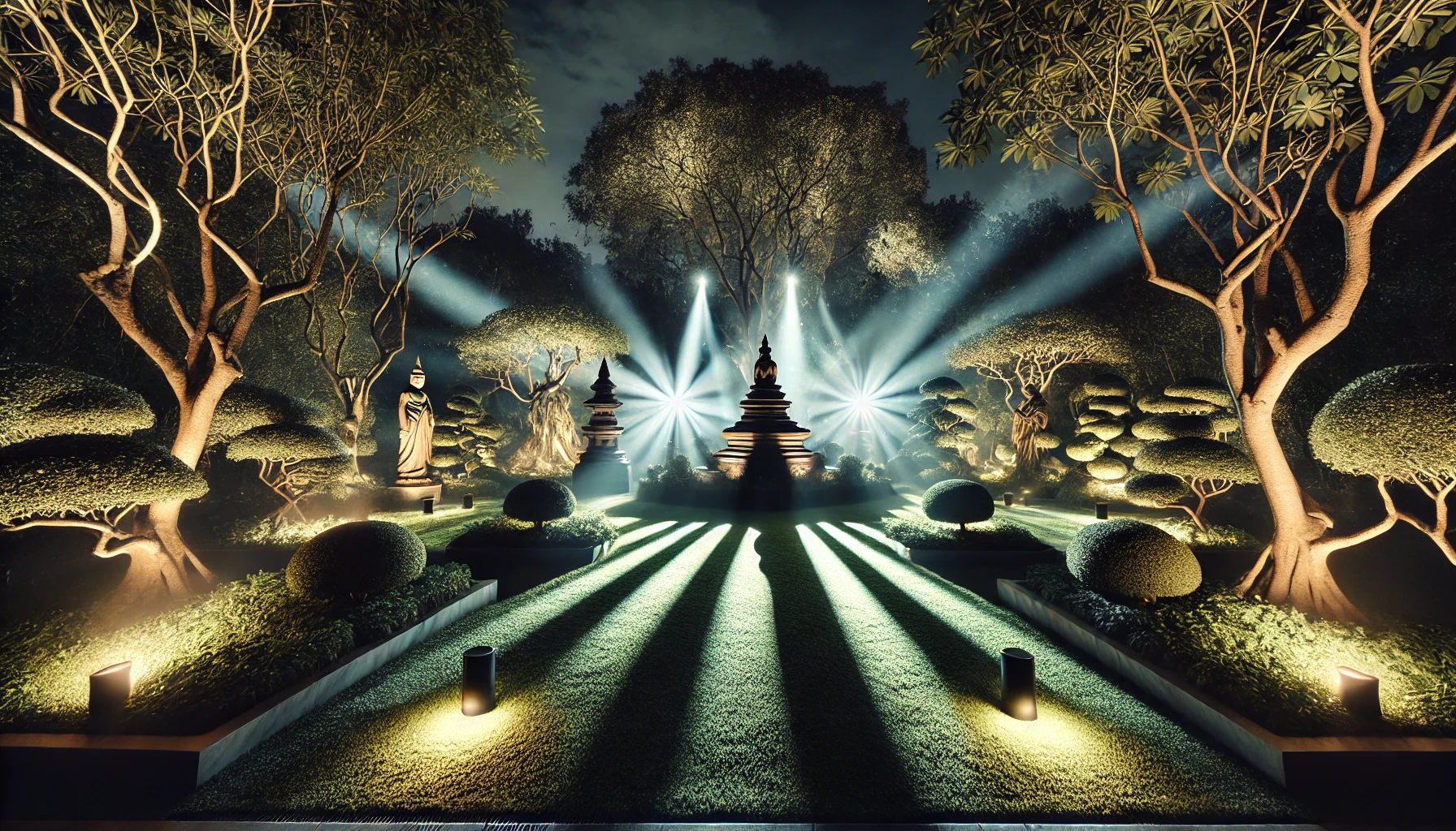 garden at night with spotlights highlighting specific features such as trees and statues.